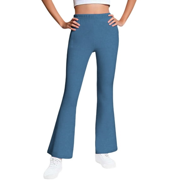 Efsteb Girls Flare Leggings Fleece Lined Bootcut Yoga Pants Solid Color Stretchy High Waisted Winter Warm Bell Bottoms Leggings (Blue,11 Years)
