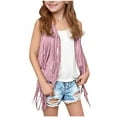 thumbnail image 1 of Efsteb Girls Fringe Coat Casual Sleeveless Tank Tops Coats Short Solid Faux Leather Jacket Western Outwear (Pink,7 Years), 1 of 7