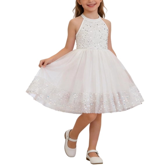 Efsteb Girls Halter Sequin Tulle Dress Kids Sleeveless Sparkly Party Tutu Dress with Ruffle Hem for Birthday Parties (White,3-4 Years)