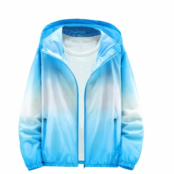 Efsteb Girls Jacket Gradient Sun Protection Hoodie Jacket Long Sleeve Zipper Hooded Sun Protection Coats Outerwear (Blue,11 Years)