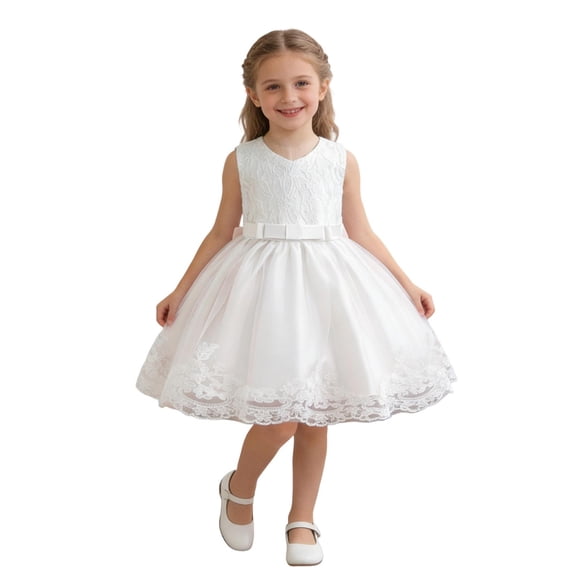 Efsteb Girls Lace Bodice Satin Party Dress Kids Sleeveless Flower Girl Gown with Bow Waist and Lace Hem for Weddings (White,7-8 Years)