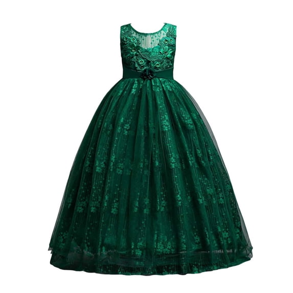 Efsteb Girls Lace Sleeveless Floor-Length Dress Kids Formal Flower Girl Gown with Floral Applique for Weddings (Green,7-8 Years)