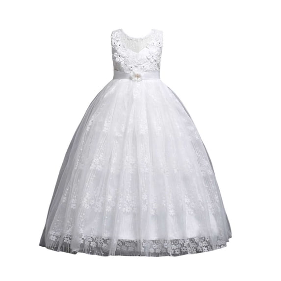 Efsteb Girls Lace Sleeveless Floor-Length Dress Kids Formal Flower Girl Gown with Floral Applique for Weddings (White,11-12 Years)