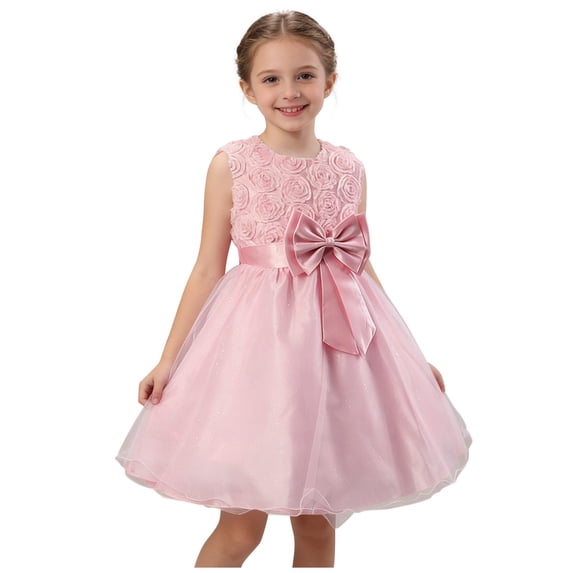 Efsteb Girls Lace Tulle Party Dress Sleeveless Sparkly Bowknot Formal Gown for Wedding Birthday and Special Occasion (Pink,5-6 Years)