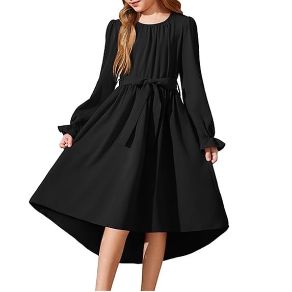 Efsteb Girls Long Sleeve High Low Dress Kids Round Neck Tie Waist Casual Swing Dress for School and Special Occasions (Black,6-7 Years)