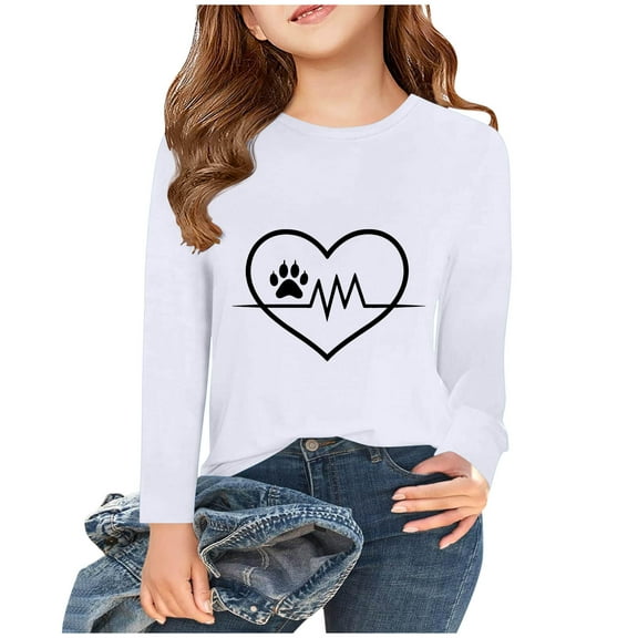 Efsteb Girls' Long Sleeve Shirts Fashion Round Neck Dressy Casual Blouses Casual Comfy Cute Tops Heart Dog Paw Print Loose Blouses (White,14-15 Years)