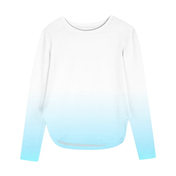 Efsteb Girls Long Sleeve Shirts Hem Side Slit T-Shirts Casual Soft Lightweight Long Sleeve Gradient Print Crew Neck for All-Season Styles(Light Blue,9 Years)