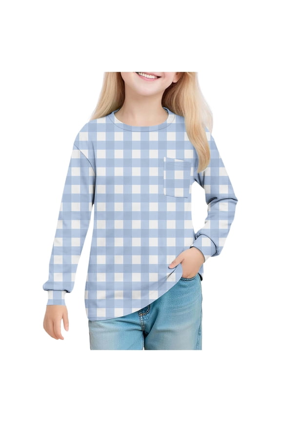 Girls Long Sleeve Shirts Lightweight Long Sleeve Crew Neck Lattice Print Casual Comfy Basic Tshirt for Sports（Light Blue，11 Years）