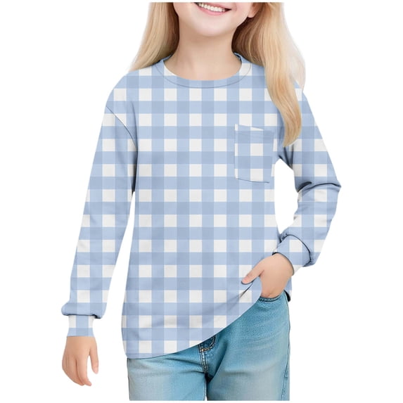 Efsteb Girls Long Sleeve Shirts Lightweight Long Sleeve Crew Neck Lattice Print Casual Comfy Basic Tshirt for Sports(Light Blue,13 Years)