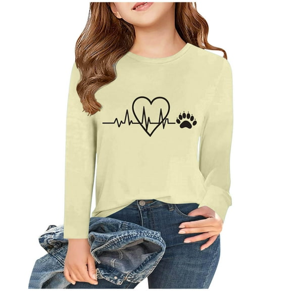 Efsteb Girls Long Sleeve Shirts Loose Casual Cute Tops Heart Dog Paw Print Fashion Round Neck Dressy Casual Blouses Comfy Blouses (Beige,2-3 Years)