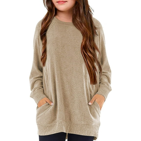 Efsteb Girls' Long Sleeve Shirts Round Neck Dressy Casual Blouses with Pocket Casual Comfy Cute Tops Solid Color Loose Fashion Blouses (Beige,6 Years)