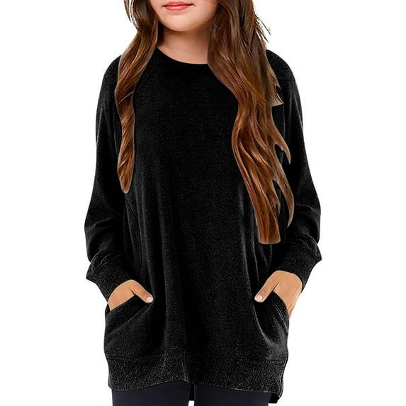 Efsteb Girls' Long Sleeve Shirts Round Neck Dressy Casual Blouses with Pocket Casual Comfy Cute Tops Solid Color Loose Fashion Blouses (Black,6 Years)