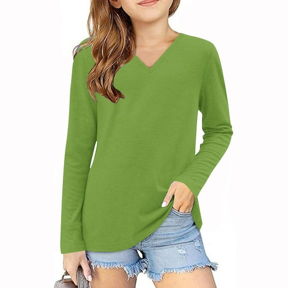 Efsteb Girls' Long Sleeve Shirts V Neck Dressy Casual Blouses Casual Fashion Comfy Cute Tops Solid Color Loose Blouses (Green,9 Years)