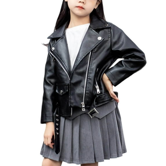 Efsteb Girls Motorcycle Leather Jacket Long Sleeve Zipper Coat Jacket Solid Color Short Jackets Outwear (Black,9 Years)