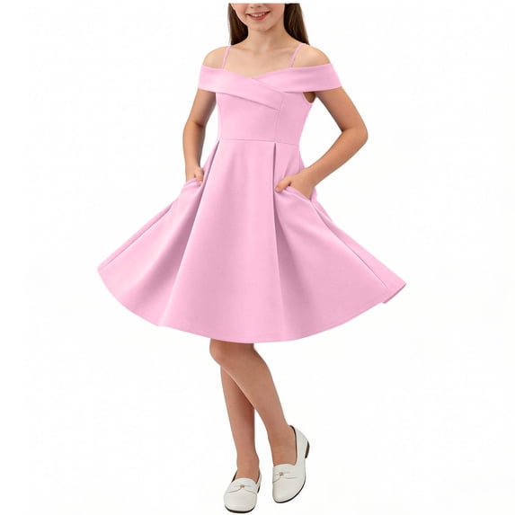 Efsteb Girls Off-the-Shoulder Swing Dress with Pockets Kids Sleeveless Formal A-Line Party Dress for Weddings (Pink,6-7 Years)