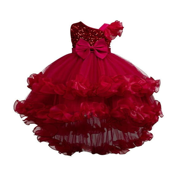 Efsteb Girls Party Dress Ruffle Flower Kids Wedding Ball Gown Sequin Formal Princess Dress (Red,3-4 Years)