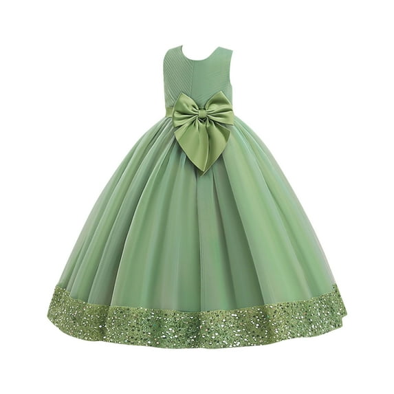 Efsteb Girls Princess Dress for Wedding Kids Prom Gowns with Bow-Knot Children's Sequin Dress Big Bow Dress (Green,14-15 Years)