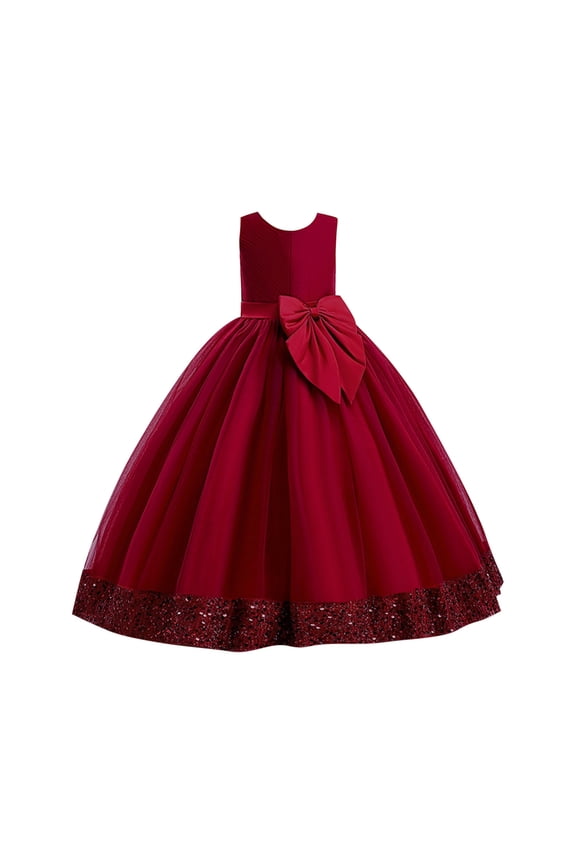 Girls Princess Dress for Wedding Kids Prom Gowns with Bow-Knot Children's Sequin Dress Big Bow Dress (Red,12-13 Years)