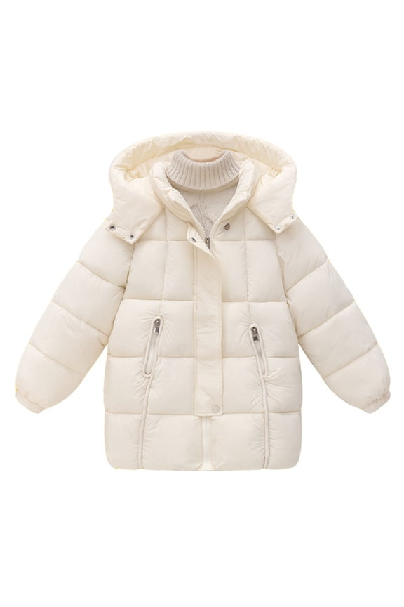 Girls Puffer Coats Jackets Long Sleeve Windproof Outerwear Winter Warm Hooded Jackets Snow Down Coat With Pockets (White,6-7 Years)