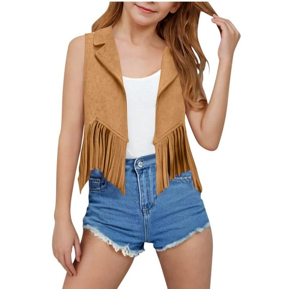 Efsteb Girls Sleeveless Fringe Cardigan Coats Trendy Western Tank Jacket Vintage Comfy Hem Fringe Tassel Waistcoat (Brown,11 Years)