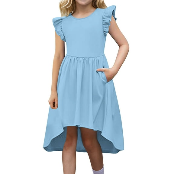 Efsteb Girls Summer Dress Round Neck Sleeveless Dress Casual Solid Flutter Sleeve High Low Formal Dresses for Wedding Party (Light Blue,11 Years)