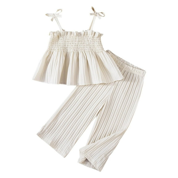 Efsteb Girls' Summer Outfit Toddler Kids Spaghetti Straps Crop Tank Top Wide Leg Pants Solid Color Sets (Beige,6 Years)