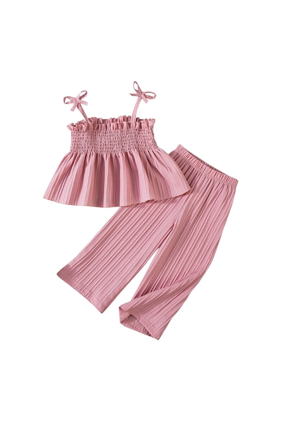 Girls' Summer Outfit Toddler Kids Spaghetti Straps Crop Tank Top Wide Leg Pants Solid Color Sets (Pink,2 Years)