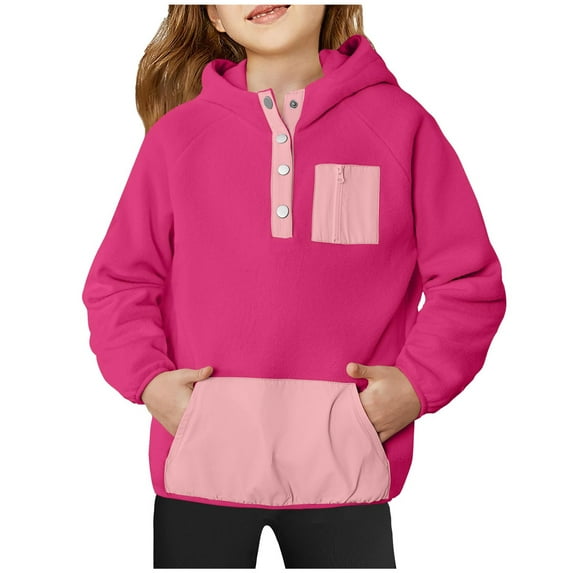 Efsteb Girls Sweatshirts Casual Comfy Cute Tops Patchwork Loose Fashion Button Hooded Sweatshirt with Pocket Long Sleeve Tops Pullover (Hot Pink,5 Years)