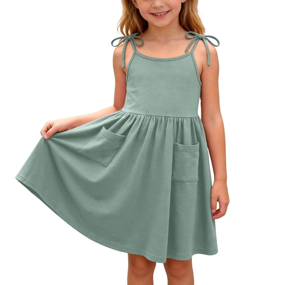 Efsteb Girls Tie-Shoulder Sundress with Pockets Kids Sleeveless Casual A-Line Dress for Summer (Green,5 Years)