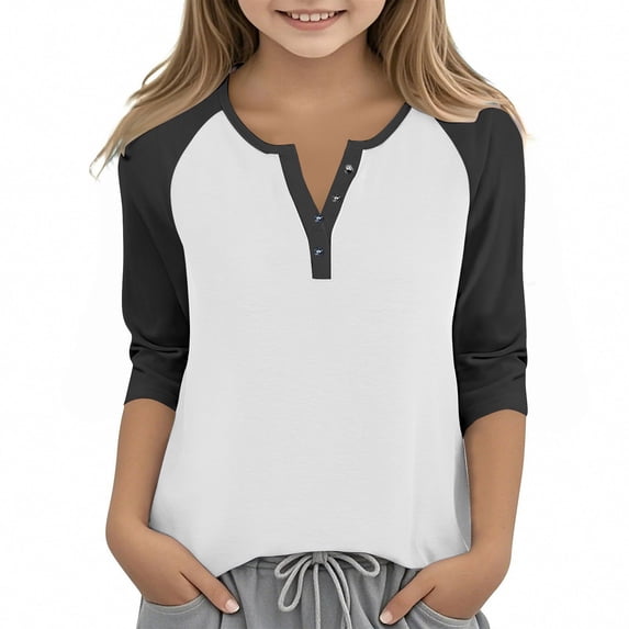 Efsteb Girls Tops Casual 3/4 Sleeve V-Neck Color Block Print Comfy Button Tshirts Lightweight for Holidays（Black，5 Years）