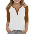 thumbnail image 1 of Efsteb Girls Tops Casual 3/4 Sleeve V-Neck Color Block Print Comfy Button Tshirts Lightweight for Holidays（Coffee，9 Years）, 1 of 6
