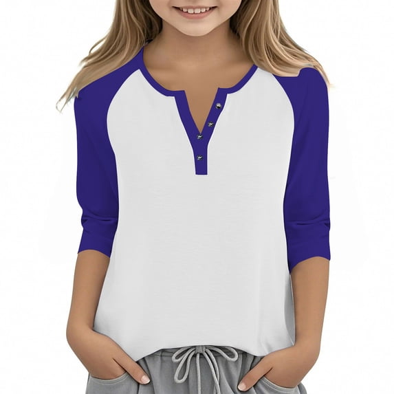 Efsteb Girls Tops Casual 3/4 Sleeve V-Neck Color Block Print Comfy Button Tshirts Lightweight for Holidays（Dark Blue，3 Years）