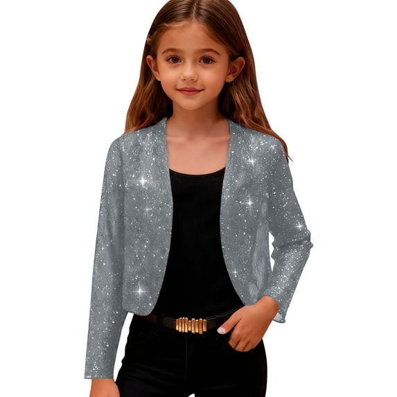 Efsteb Girls Tops Crew Neck Solid Color Comfy Lightweight Open Front Shiny Shawl Short Cardigan Casual Long Sleeve for Daily wear(Gray,7 Years)