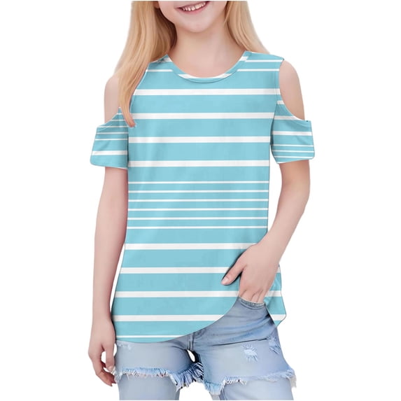 Efsteb Girls Tops Short Sleeve Striped Print Casual Soft Crew Neck Comfy Lightweight Cold Shoulder Tunic Shirts for Parties(Blue,3 Years)