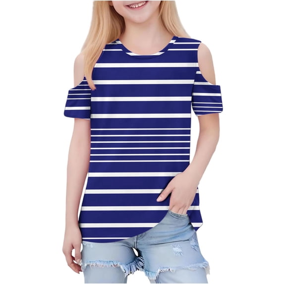 Efsteb Girls Tops Short Sleeve Striped Print Casual Soft Crew Neck Comfy Lightweight Cold Shoulder Tunic Shirts for Parties(Dark Blue,11 Years)