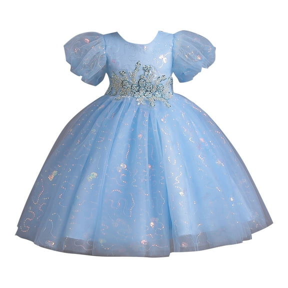 Efsteb Girls' Tulle Flower Princess Wedding Dress Birthday Party Dresses Wedding Bridesmaid Ball Gown (Blue,4-5 Years)