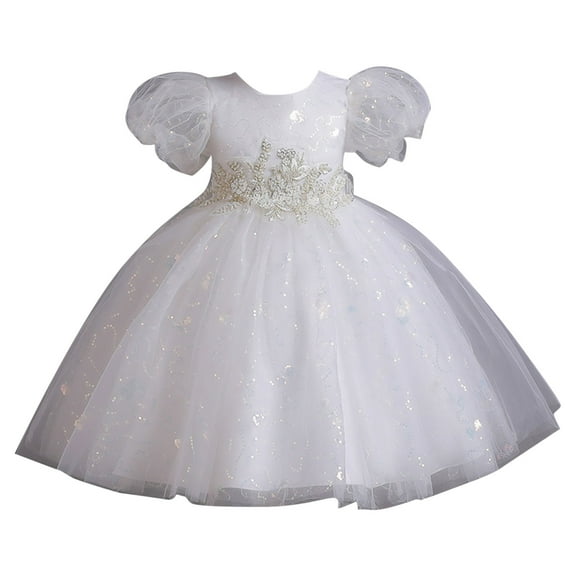 Efsteb Girls' Tulle Flower Princess Wedding Dress Birthday Party Dresses Wedding Bridesmaid Ball Gown (White,5-6 Years)