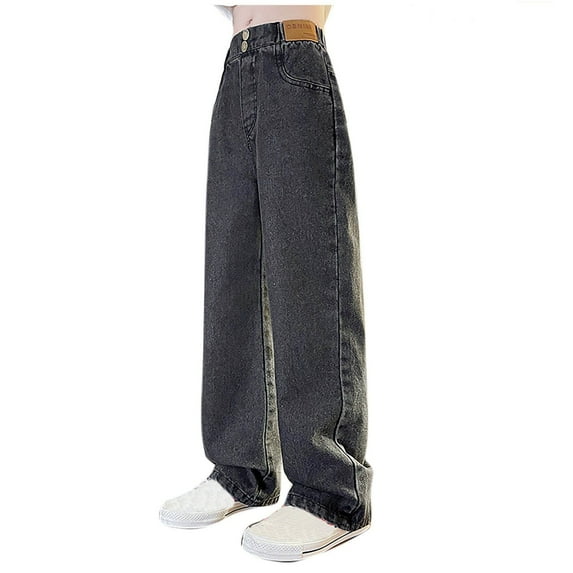 Efsteb Girls Wide Leg Jeans Baggy Elastic High Waist Denim Pants Vintage Y2k Streetwear Casual Comfy Pants (Black,10 Years)