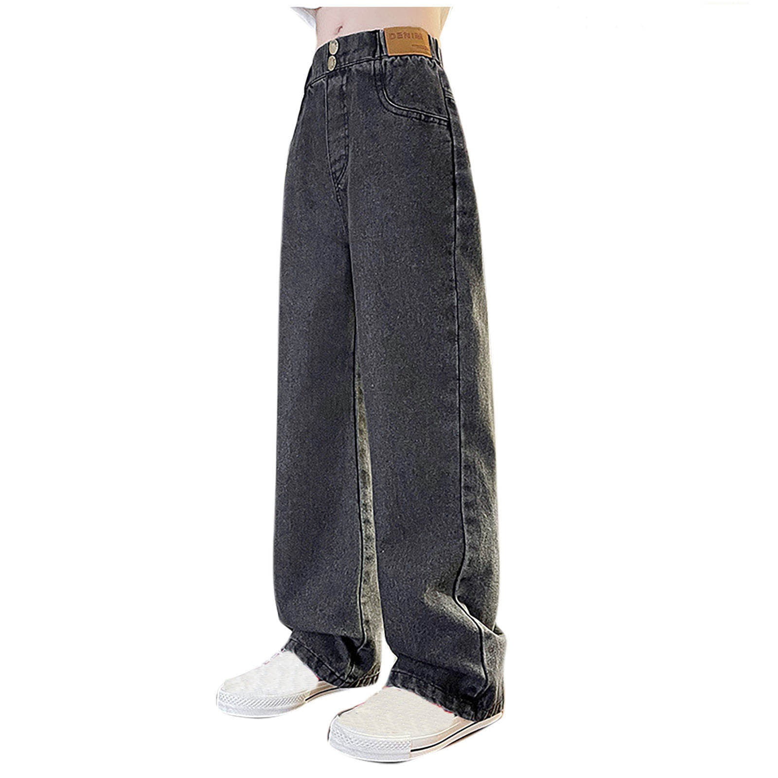 Girls Wide Leg Jeans Baggy Elastic High Waist Denim Pants Vintage Y2k Streetwear Casual Comfy Pants (Black,11 Years)