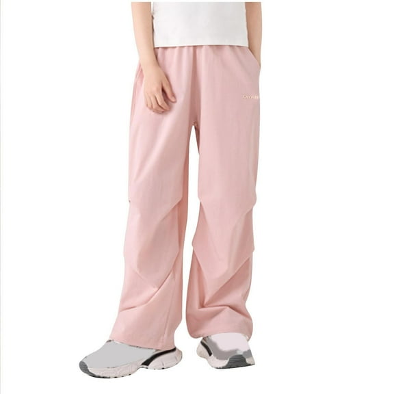 Efsteb Girls Wide Leg Pants Solid Color Loose Sweatpants Casual Breathable Sports Trousers with Pockets (Pink,14 Years)