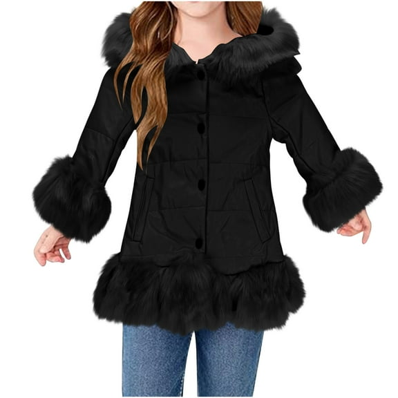 Efsteb Girls Winter Coat Kids Winter Warm Windbreaker Jackets Solid Color Thick Coat Long Sleeve Hooded Warm Jacket (Black,4 Years)