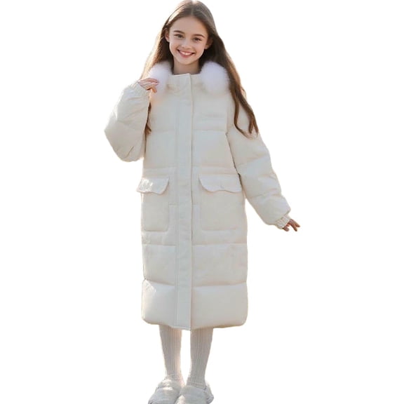 Efsteb Girls Winter Coats Long Sleeve Hooded Puffer Jackets Parka Casual Warm Long Windbreaker Coats Kids Fashion Outerwear (White,7-8 Years)