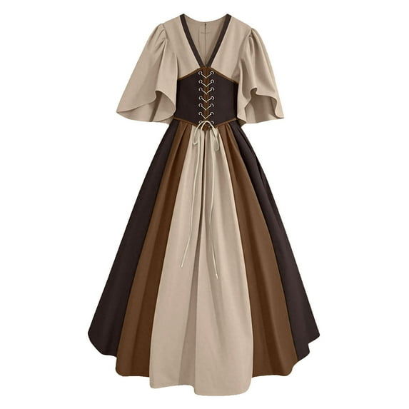 Efsteb Halloween Dresses for Women Vintage Renaissance Medieval Dress Plus Size Corset Costume Cosplay Over Dress (Brown,L)