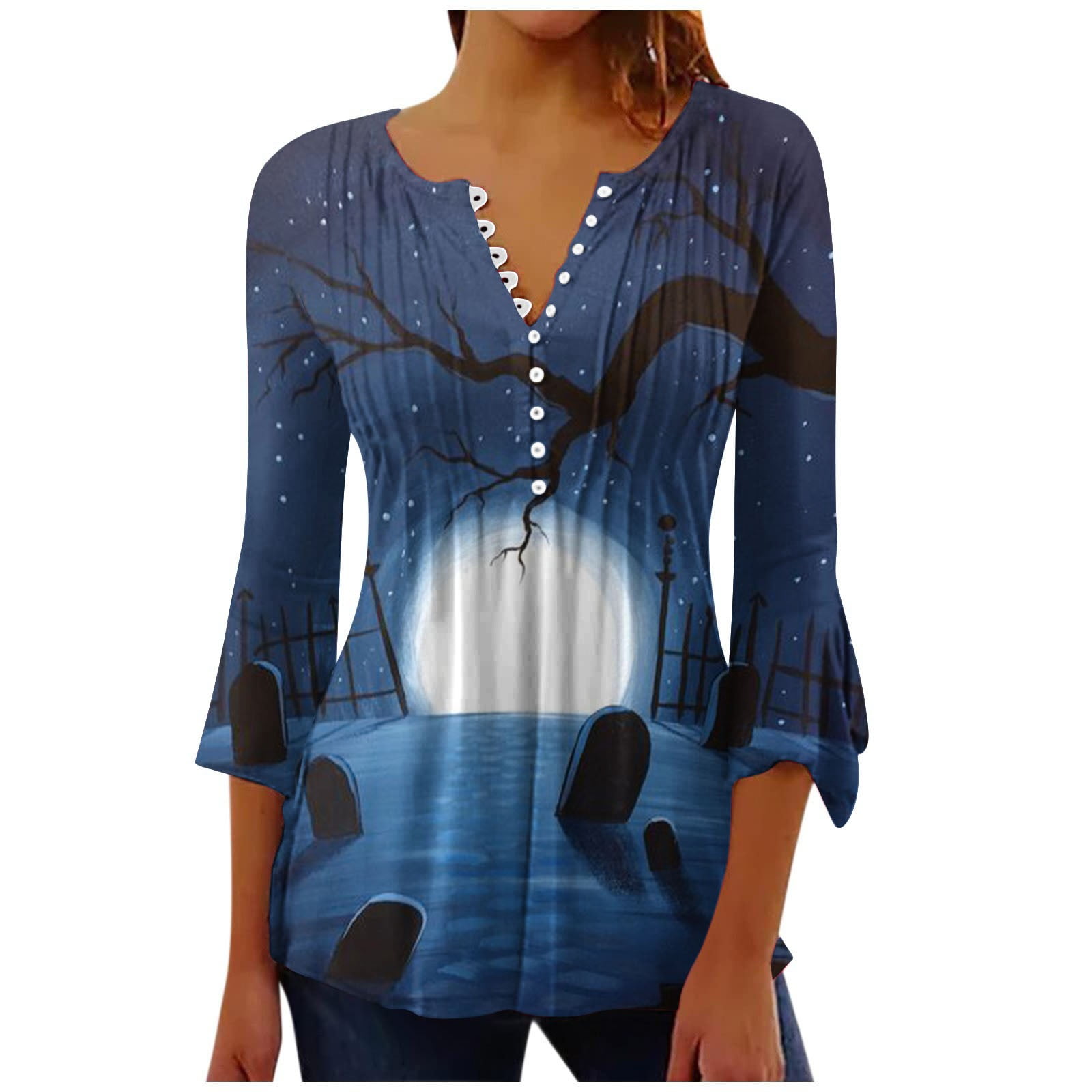 Efsteb Halloween Tunics for Women Comfortable Cute Halloween Print Fashion 3/4 Sleeve Tops V