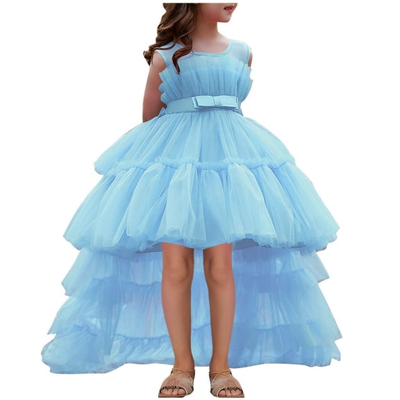 Efsteb High Low Flower Girl Dresses for Wedding Kids Sleeveless Princess Gown Dress Kids Birthday Party Dress (Blue,9-10 Years)