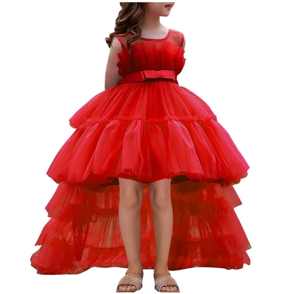 Efsteb High Low Flower Girl Dresses for Wedding Kids Sleeveless Princess Gown Dress Kids Birthday Party Dress (Red,9-10 Years)