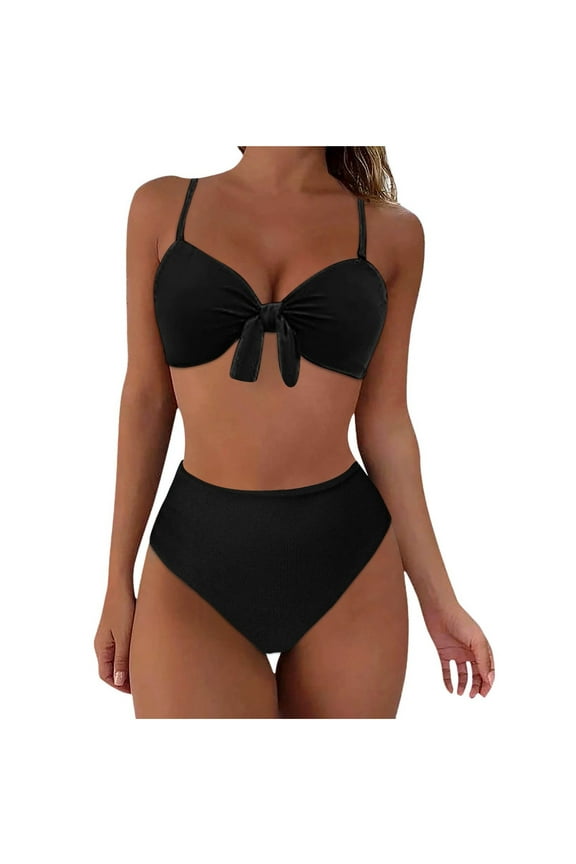 High Waisted Bikini Sets for Women 2 Piece V Neck Strap Split Swimsuit Solid Color Two Piece Bathing Suit (Black,L)
