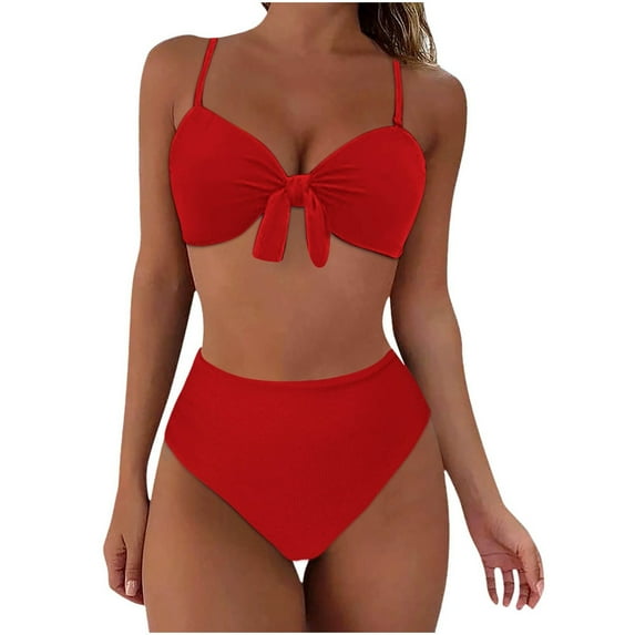 Efsteb High Waisted Bikini Sets for Women 2 Piece V Neck Strap Split Swimsuit Solid Color Two Piece Bathing Suit (Red,M)