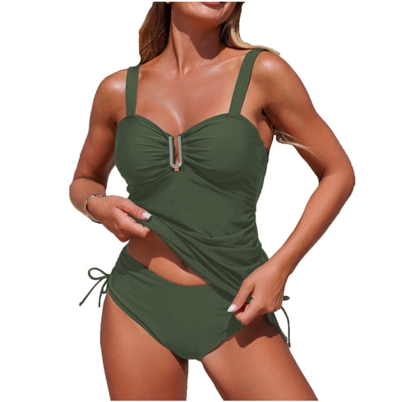 Efsteb High Waisted Bikini Sets for Women Beachwear Crinkle Side Tie Bikini Bathing Suit Solid Color Swimwear Surfing (Army Green,S)
