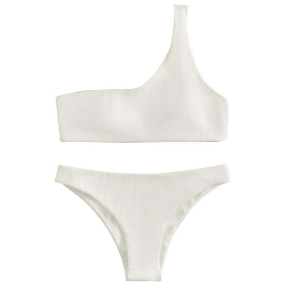 Efsteb High Waisted Bikini Sets for Women Two Piece Swim Suit Solid Color Fashion Bathing Suits Split Shoulder Bikini Sets Swimwear (White,L)